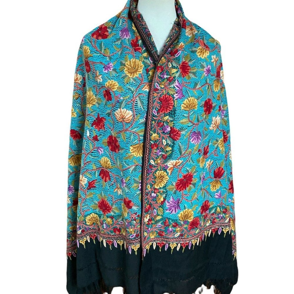 Kashmir Shawl Hand Embroidered Cashmere Hook Work Turquoise Indian Stole